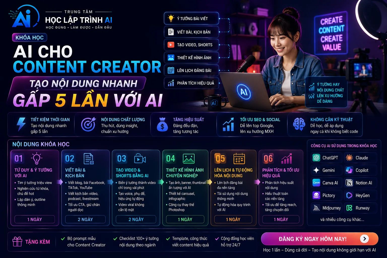 KHÓA HỌC AI CHO CONTENT CREATOR: TẠO NỘI DUNG NHANH GẤP 5 LẦN VỚI AI