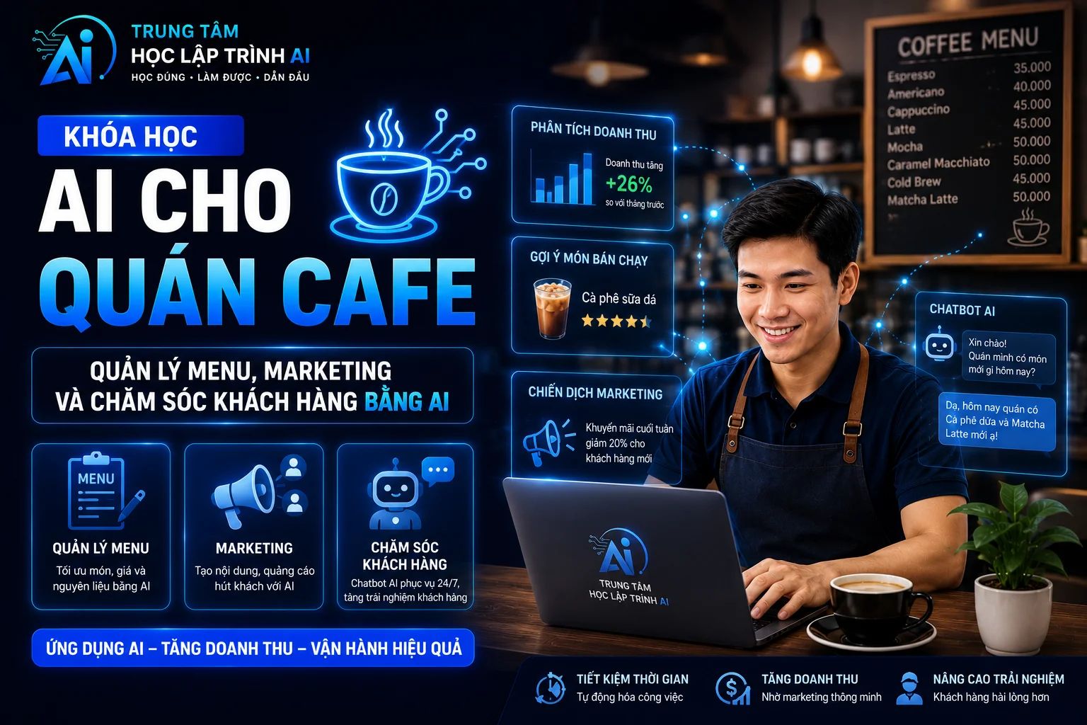 KHÓA HỌC AI CHO QUÁN CAFE: QUẢN LÝ MENU, MARKETING VÀ CHĂM SÓC KHÁCH HÀNG BẰNG AI