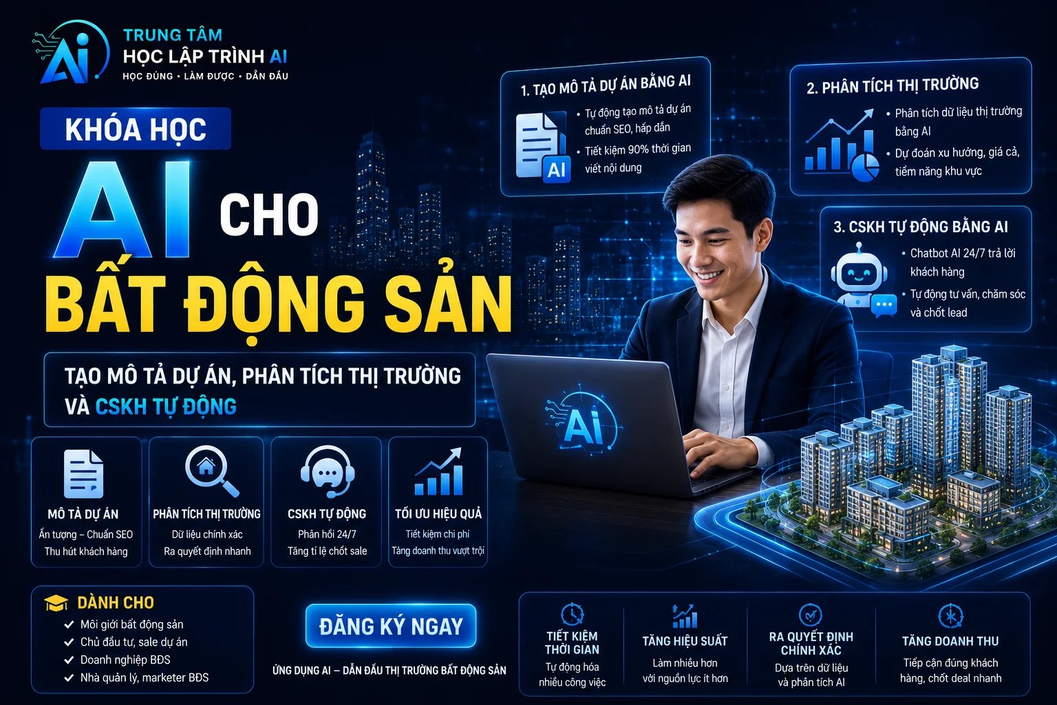 KHÓA HỌC AI CHO BẤT ĐỘNG SẢN: TẠO MÔ TẢ DỰ ÁN, PHÂN TÍCH THỊ TRƯỜNG VÀ CSKH TỰ ĐỘNG