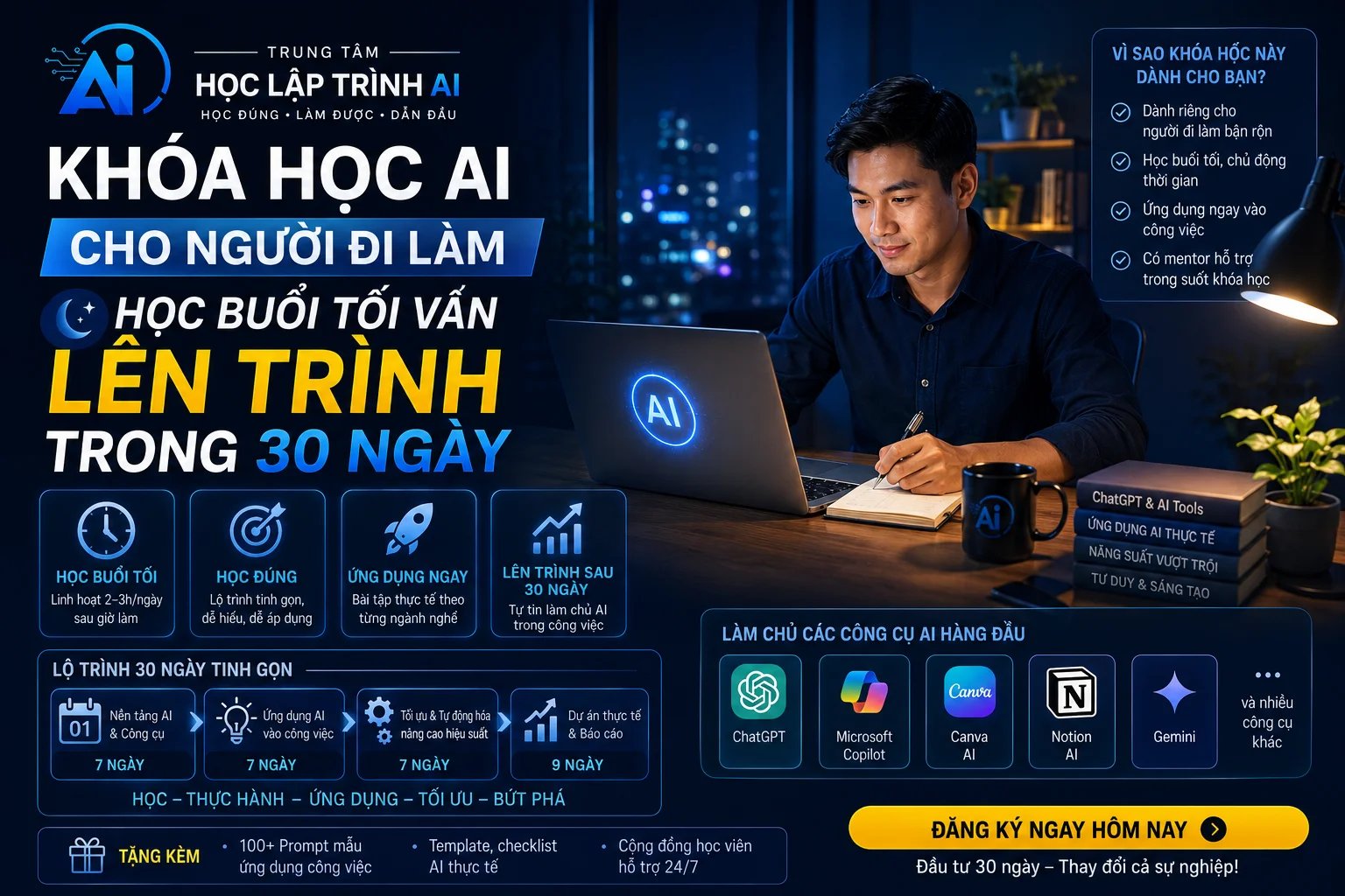 Khóa học AI cho người đi làm: Học buổi tối vẫn lên trình trong 30 ngày