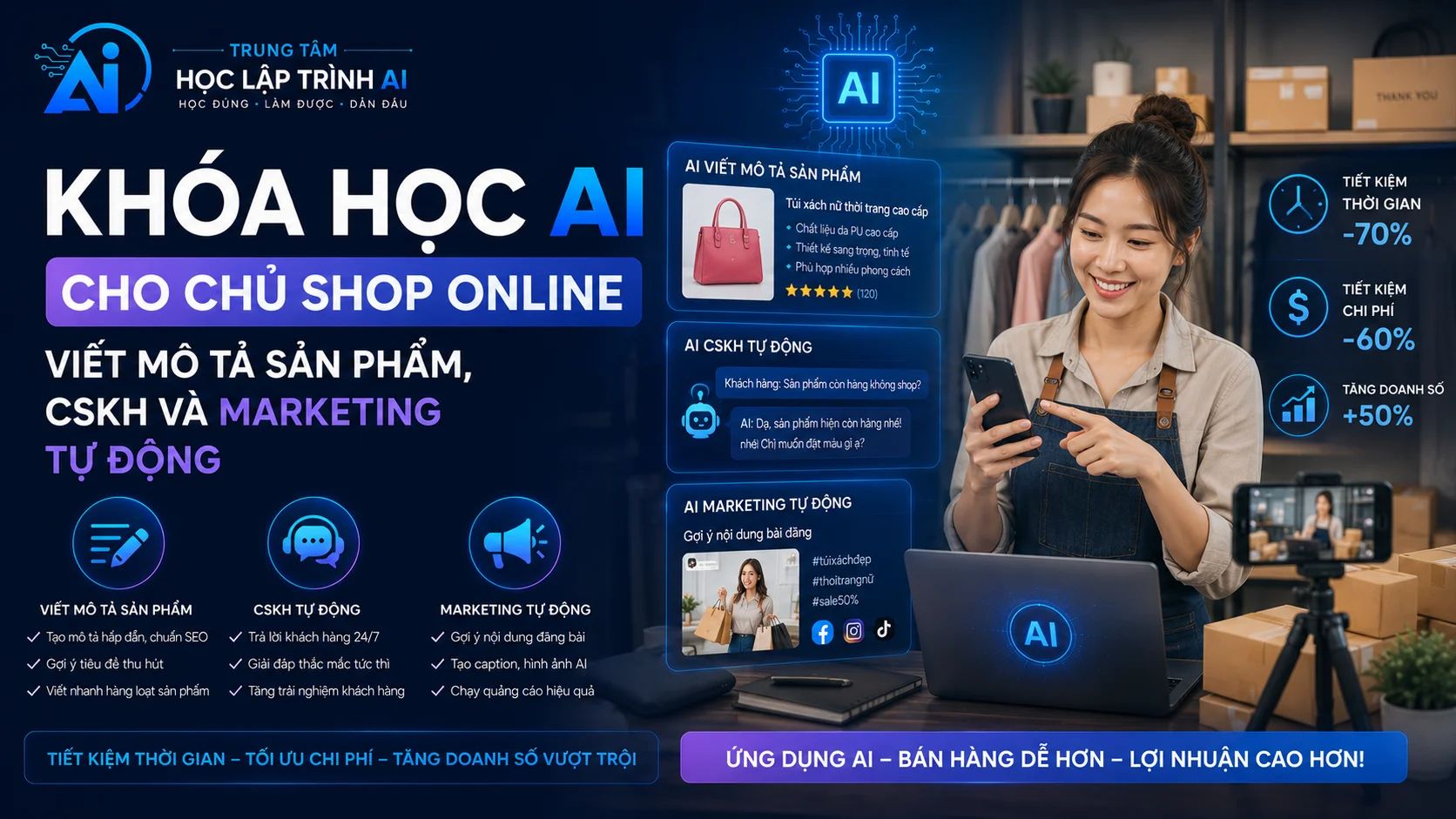 Khóa học AI cho Chủ Shop Online: Viết mô tả sản phẩm, CSKH và marketing tự động